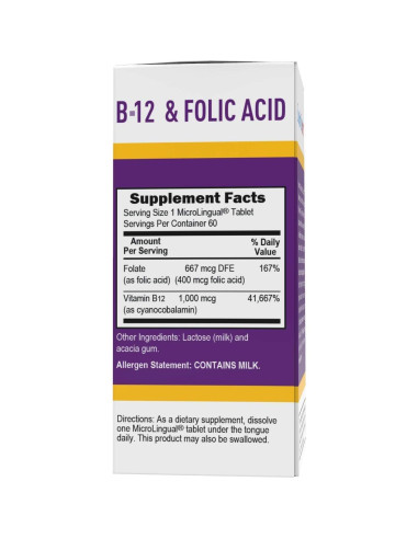 Tabletas Sublinguales Vitamina B-12 1000 mcg y Ácido Fólico 400 mcg - Superior Source - 60 Unidades