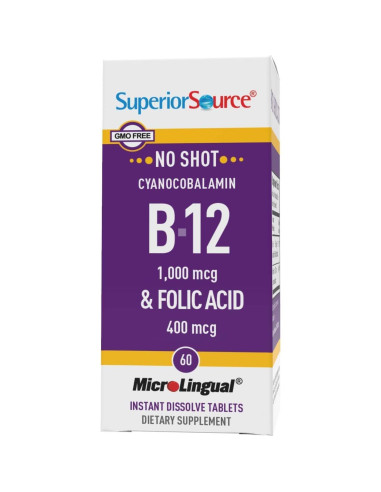 Tabletas Sublinguales Vitamina B-12 1000 mcg y Ácido Fólico 400 mcg - Superior Source - 60 Unidades