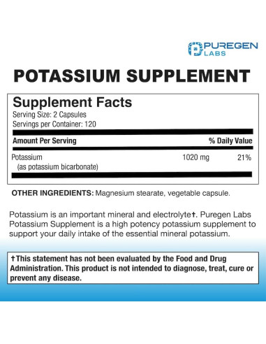 Suplemento de Bicarbonato de Potasio Puregen Labs 1020 mg 240 Cápsulas Vegetarianas
