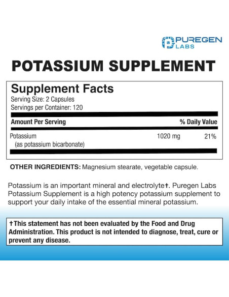 Suplemento de Bicarbonato de Potasio Puregen Labs 1020 mg 240 Cápsulas Vegetarianas