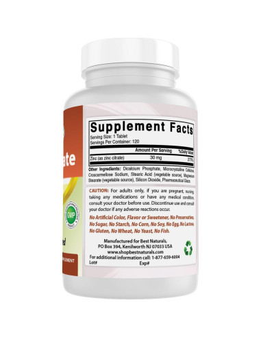 Suplemento de Zinc 30mg Mejores Naturales 120 tabletas