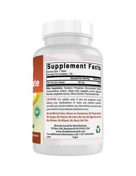 Suplemento de Zinc 30mg Mejores Naturales 120 tabletas Suplemento de Zinc 30mg Mejores Naturales 120 tabletas