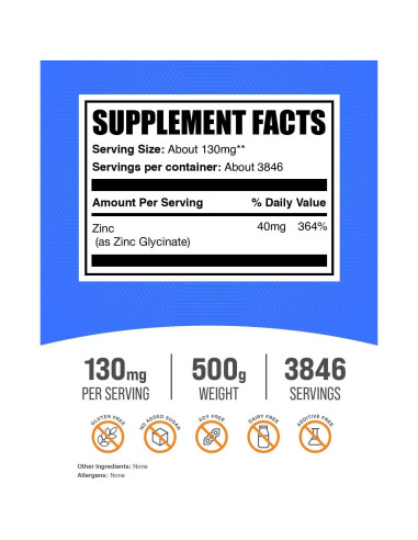 Polvo de Glicinato de Zinc BulkSupplements 500g - Suplemento Mineral