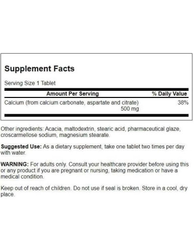 Suplemento de Calcio Swanson 500 mg 100 Tabletas Salud Ósea