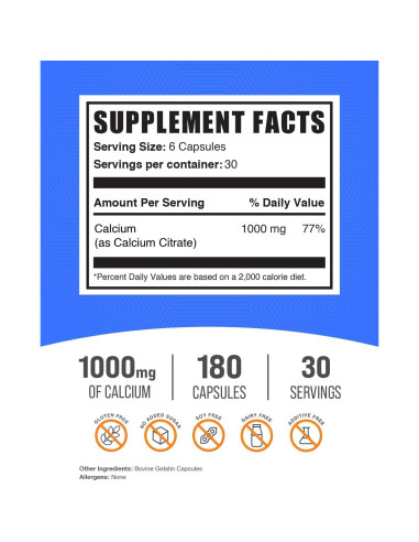 Cápsulas de Citrato de Calcio BulkSupplements 1000mg 180 Unidades