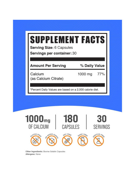 Cápsulas de Citrato de Calcio BulkSupplements 1000mg 180 Unidades