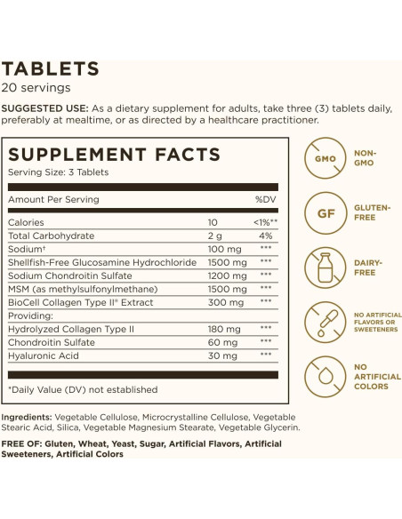 Suplemento Articular Solgar Glucosamina 60 Tabletas - Sin Gluten