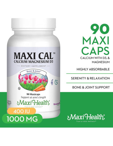 Suplemento de Calcio Maxi Health 1000 mg + D3 1000 UI + Magnesio 500 mg - 90 Cápsulas