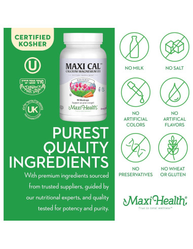 Suplemento de Calcio Maxi Health 1000 mg + D3 1000 UI + Magnesio 500 mg - 90 Cápsulas