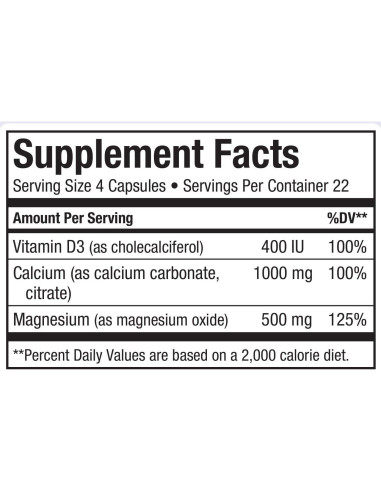 Suplemento de Calcio Maxi Health 1000 mg + D3 1000 UI + Magnesio 500 mg - 90 Cápsulas
