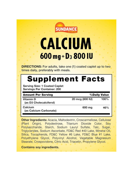 Suplemento de Calcio con Vitamina D3 Sundance 600mg 200 Comprimidos