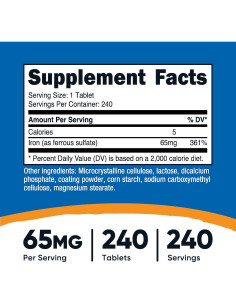 Nutricost Hierro Sulfato Ferroso 65mg 240 Tabletas Sin Gluten 2