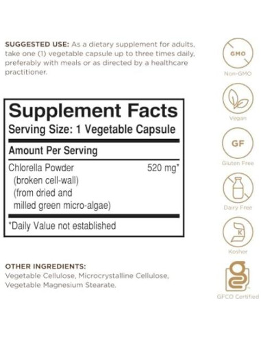 Chlorella Solgar 100 Cápsulas Vegetales - Vegano, Sin Gluten