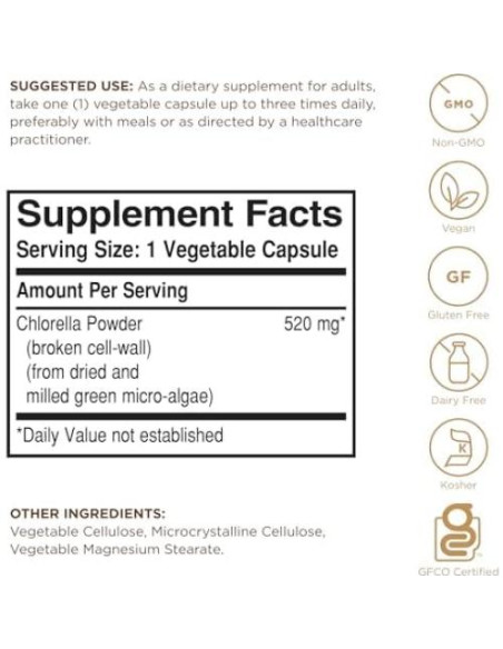 Chlorella Solgar 100 Cápsulas Vegetales - Vegano, Sin Gluten