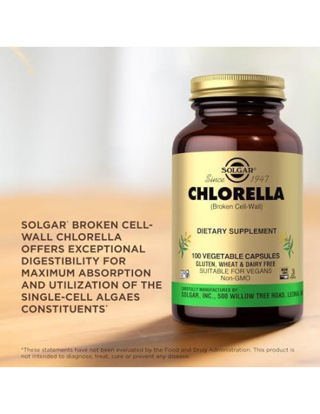 Chlorella Solgar 100 Cápsulas Vegetales - Vegano, Sin Gluten