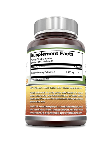 Suplemento de Ginseng Coreano 1000mg Nutrición Asombrosa 120 Cápsulas Suplemento de Ginseng Coreano 1000mg Nutrición Asombrosa 120 Cápsulas