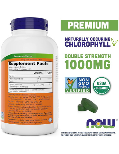 NOW Foods Espirulina Orgánica 1000mg 300 Tabletas - Suplemento Verde