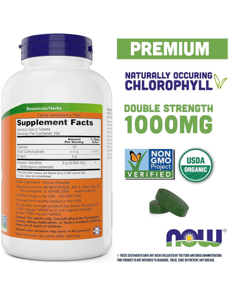 NOW Foods Espirulina Orgánica 1000mg 300 Tabletas - Suplemento Verde