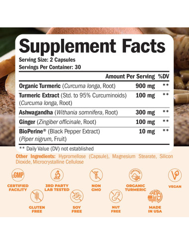 Suplemento de Cúrcuma y Ashwagandha Vimerson 60 Cápsulas