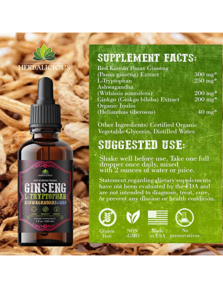 Suplemento Líquido de Ginseng y L-Triptófano 118.29 ml - Herbalicious