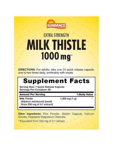 Cápsulas de Cardo Mariano Sundance 1000mg | 60 Unidades | Suplemento Herbal Sin OGM