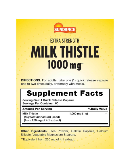 Cápsulas de Cardo Mariano Sundance 1000mg | 60 Unidades | Suplemento Herbal Sin OGM