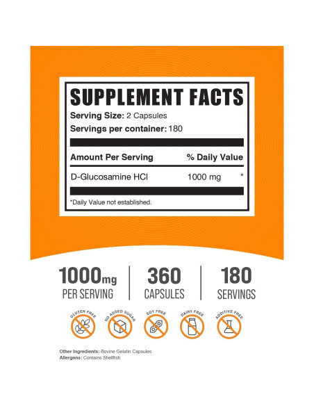 Cápsulas de Glucosamina HCl BulkSupplements 1000mg 360 Unidades