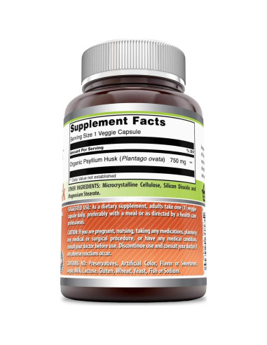 Suplemento Psyllium Husk 750mg Nutrición Asombrosa 120 Cápsulas