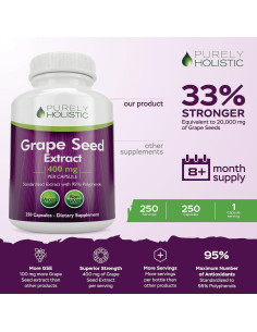 Extracto de Semilla de Uva Purely Holistic 20,000mg 250 Cápsulas Veganas 2