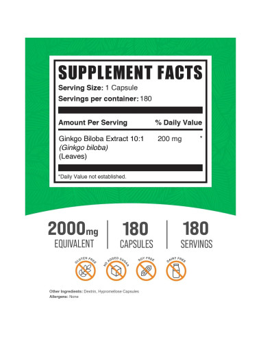Cápsulas de Ginkgo Biloba BulkSupplements 200mg - 180 Veganas