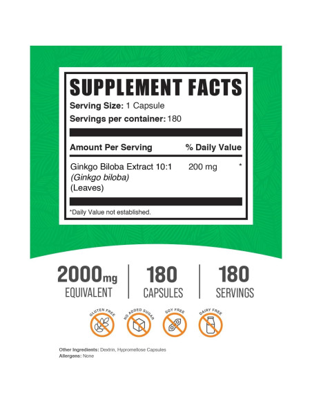 Cápsulas de Ginkgo Biloba BulkSupplements 200mg - 180 Veganas