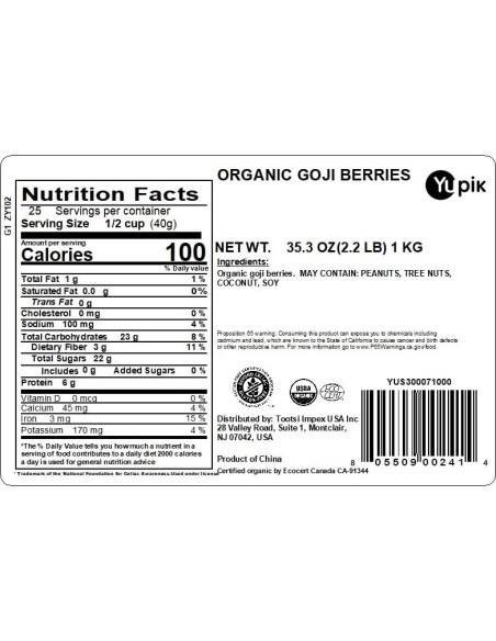 Bayas de Goji Secas Orgánicas Yupik 1 kg, Sin Gluten, Vegano