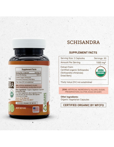 Cápsulas de Schisandra Orgánica USDA 1000 mg - 60 Unidades