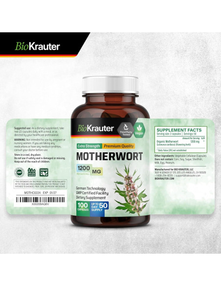 Cápsulas de Motherwort BIO KRAUTER 1200 mg - 100 Unidades - Suplemento Vegano