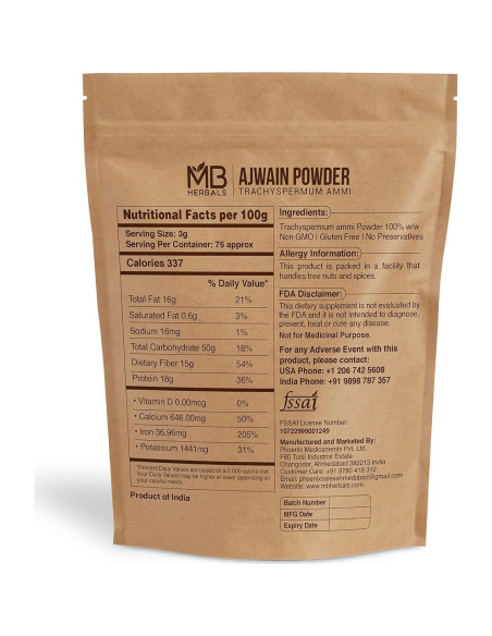 Polvo de Ajwain MB Herbals 227g Sin Gluten y No OGM