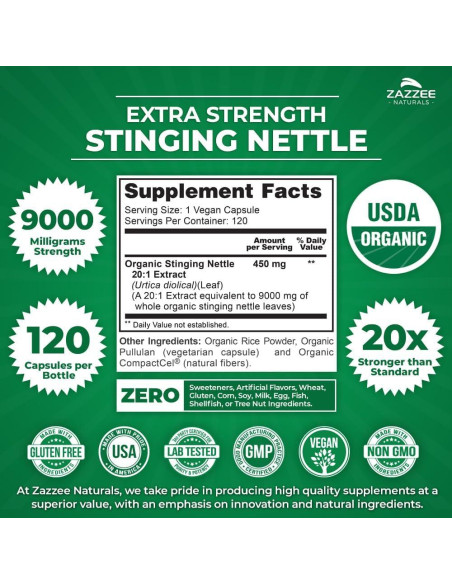 Extracto de Ortiga Orgánico Zazzee 9000 mg 120 Cápsulas Veganas