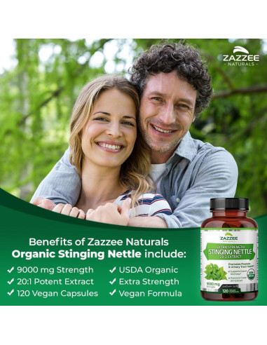 Extracto de Ortiga Orgánico Zazzee 9000 mg 120 Cápsulas Veganas