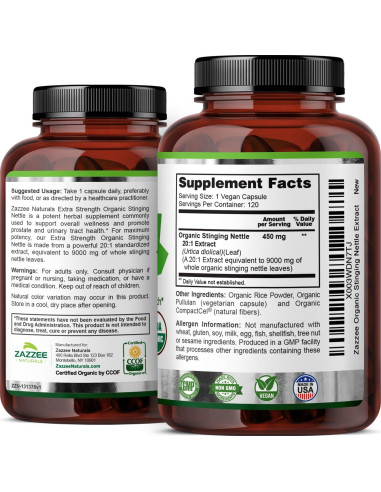 Extracto de Ortiga Orgánico Zazzee 9000 mg 120 Cápsulas Veganas