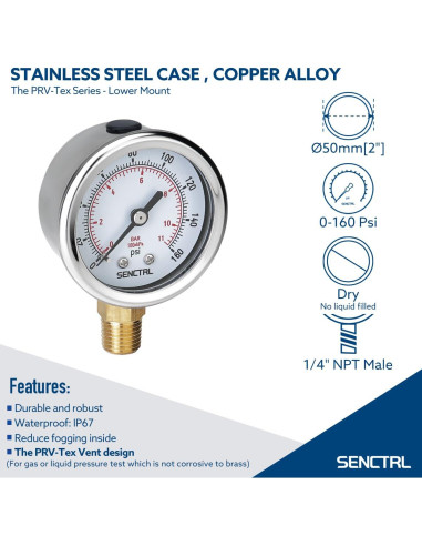 Manómetro 0-11 Bar SENCTRL, Dial 5 cm, Acero Inoxidable