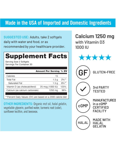 NatureWise Calcio 1250mg + Vitamina D3 1000UI - 60 Gelatinas