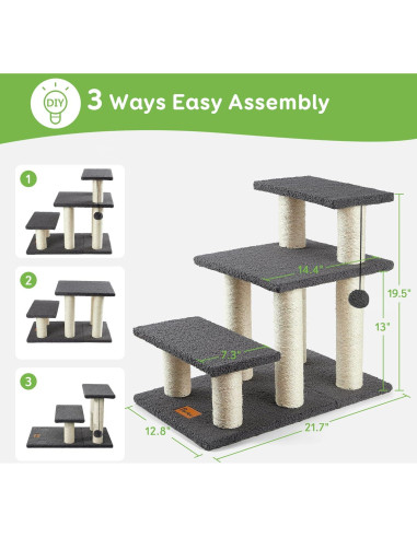 Escalera para Mascotas Pawque 3 Pasos Gris Soporta 68 kg