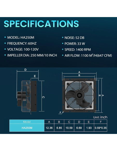 Ventilador de Escape HG Power 10" Bajo Ruido 647 CFM Negro