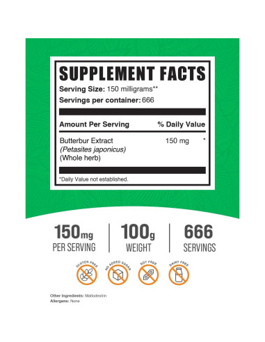 Polvo de Extracto de Butterbur BulkSupplements 150mg 100g Vegano