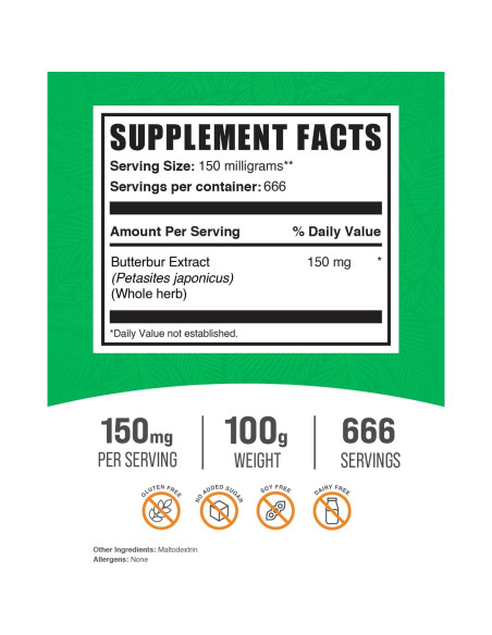 Polvo de Extracto de Butterbur BulkSupplements 150mg 100g Vegano