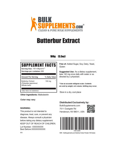 Polvo de Extracto de Butterbur BulkSupplements 150mg 100g Vegano