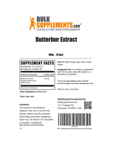 Polvo de Extracto de Butterbur BulkSupplements 150mg 100g Vegano