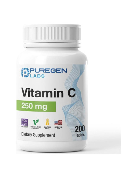 Vitamina C 250 mg Puregen Labs - 200 Tabletas Antioxidantes