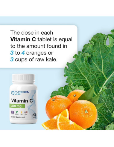 Vitamina C 250 mg Puregen Labs - 200 Tabletas Antioxidantes