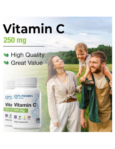 Vitamina C 250 mg Puregen Labs - 200 Tabletas Antioxidantes