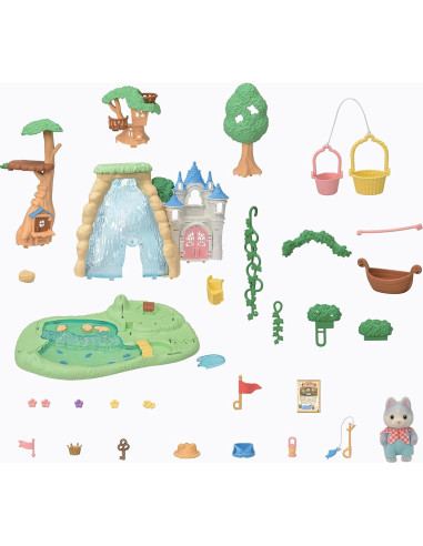 Cascadas del Bosque Secreto Calico Critters con Bebé Husky